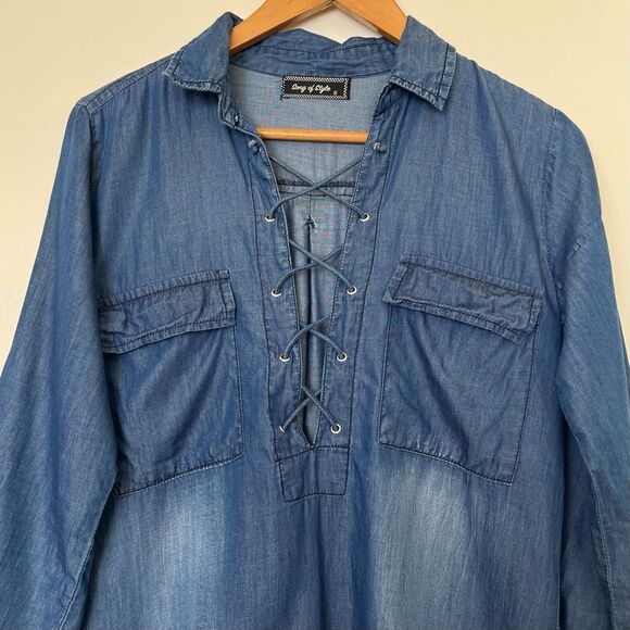 Song of Style Chambray Dress Blue Denim Lace Up Front Roll Up Tab Sleeves Small - Picture 3 of 9